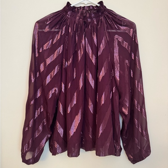 Marie Oliver Tops - Marie Oliver Silk Ruffled Stand Collar Blouse Size Medium Purple Metallic Top